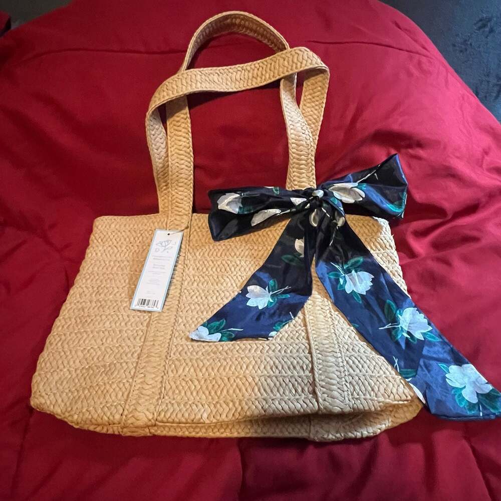 Draper James Tan Woven Tote with Navy Floral Scarf